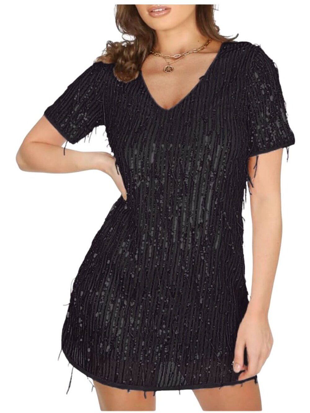 Black Sequin Fringe Mini Dress NWT XL Party Cocktail Holiday